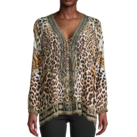 Camilla Tops - *SOLD* Camilla 'Call Of The Cathedral' Animal-Print Lace-Up Silk Top, Multicolor